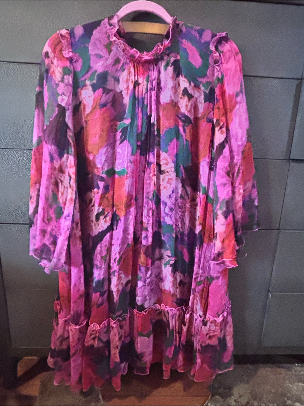 Johnny Was Pink, Green and Red Floral silk Chiffon Dress // Sz M